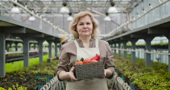 Portrait of Mature Smiling Caucasian Woman Coming To Camera and Showing Basket with Organic