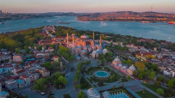 Sunset aerial hagia sophia hyperlapse drone image, istanbul TURKEY