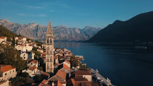 Aerial View Of The Church In Perast Town   Montenegro   Cinematic Color 