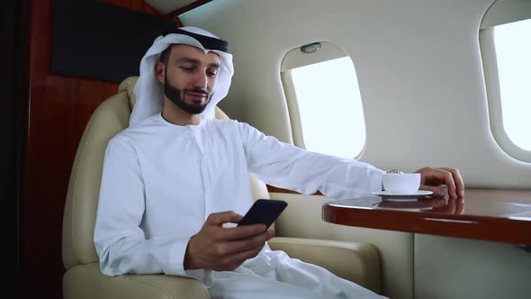 Arabian man flying on his Private jet to dubai.