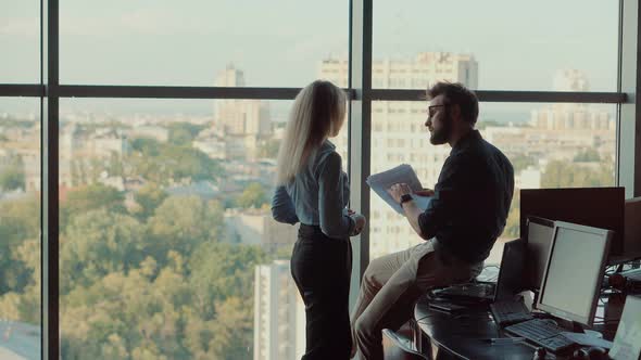 Businessmen Coworkers. Boss With Employee.Two Colleagues Office Talking Working Together.