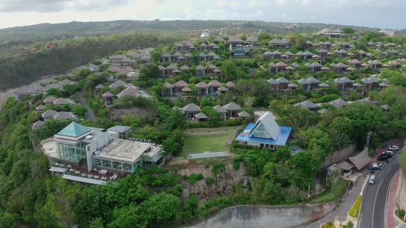 Flycam Films Tourist Resort with Bungalows Under Grey Sky