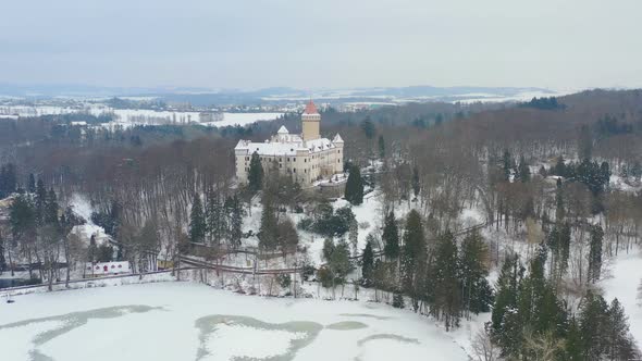 Aerial View of Chateau Konopiste in the Winter Time Castle and the Pond Are Covered with Snow CR