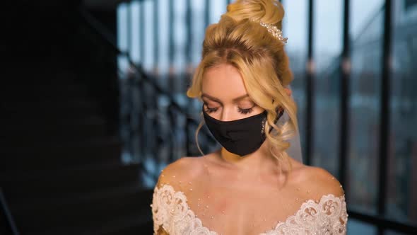 Beautiful Young Bride Wedding Dress Face Mask Turns Away
