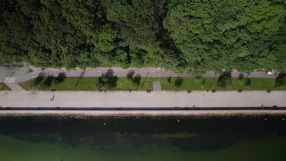 Aerial top down shot of idyllic promenade path with walking people between forest and Baltic Sea in