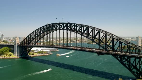 Aerial pan of Sydney Harbour Bridge. Sydney, New south wales, Australia