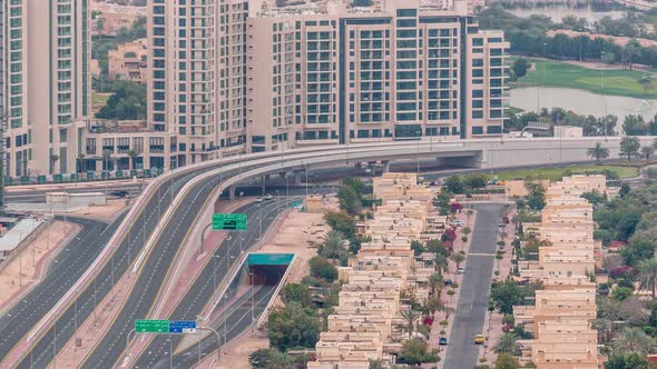 Aerial View of Apartment Houses and Villas in Dubai City Timelapse United Arab Emirates