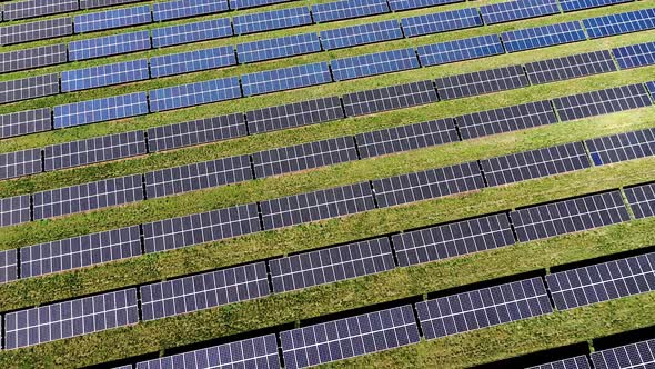 Rows of solar panels in solar park generating sustainable energy