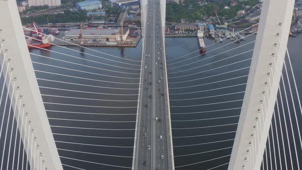 View From a Drone Vertically Down to the Golden Bridge and the City