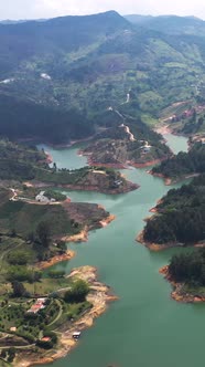 Aerial Vertical Panoramic View Landscape of the lake of Guatape from Rock of Guatape, Colombia