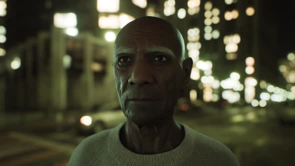 Old Asian Man in Big City at Night alt