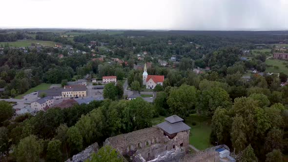 Medieval Castle Ruins in Latvia Rauna.  Aerial View Over Old Stoune Brick Wall of Raunas Castle 