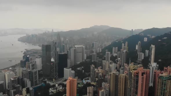Hong Kong Island on a foggy and cloudy day drone
