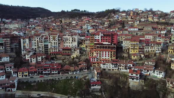 Aerial footage of an old town on a hill