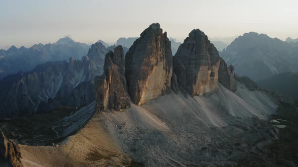 Drone Aerial Footage of Tre Cime Di Lavaredo Most Visited Mountain in Sexten Dolomites Alps in Italy