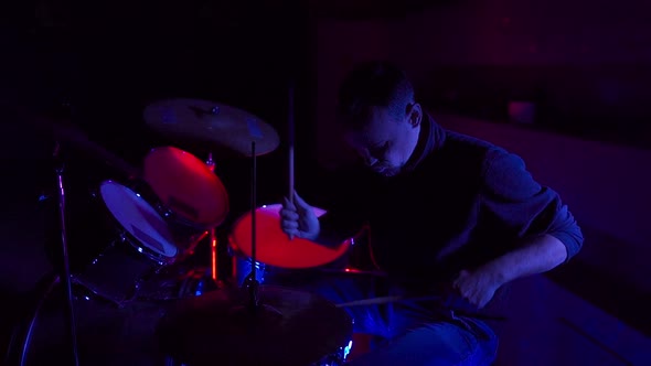 Drummer Man Playing Drums Nightclub