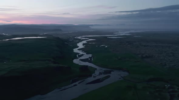 Aerial View of Throsmork National Park with Krossa River Flowing Riverbed at Sunset
