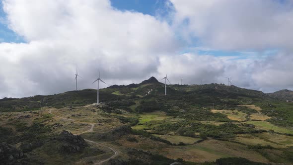 Aerial view of wind turbine farm, Caramulo in Portugal