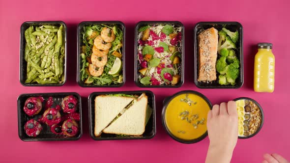 Food Delivery Top View Take Away Meals in Disposable Containers on Pink Background