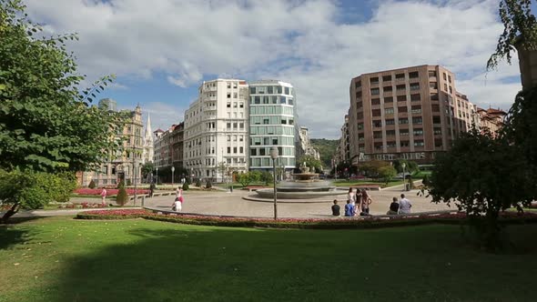 View on Amazing Cityscape and Rest Zone With Fountain at Elliptic Square, Bilbao