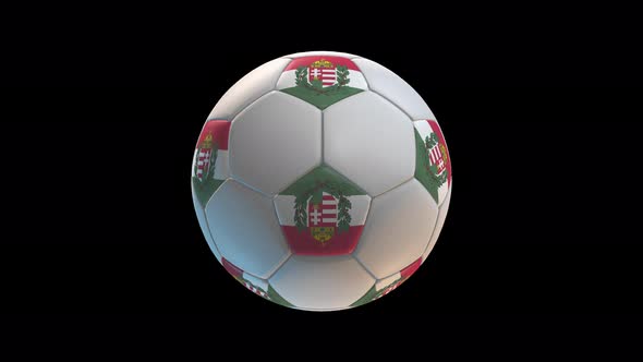 Soccer ball with flag Hungary, on black background loop alpha alt
