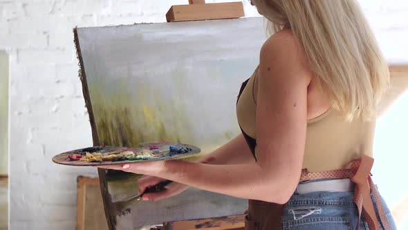 Creating Painting with Oil Paints and Wide Brush, Middle Distance