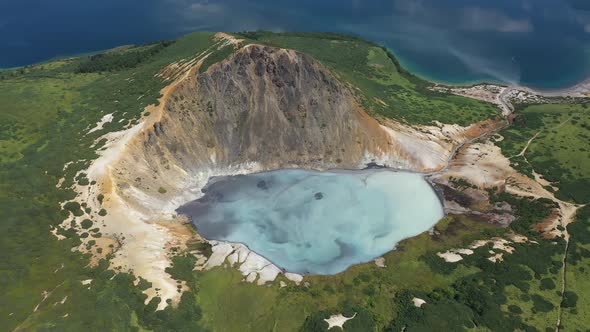 Flying Over Caldera of the Golovnin Volcano on Kunashir Island. Russia.