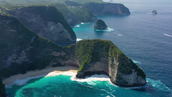 Aerial view at sea and rocks. Kelingking beach, Nusa Penida, Bali, Indonesia