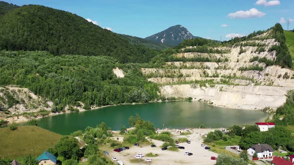 Aerial view of a lake in the village of Sutovo in Slovakia