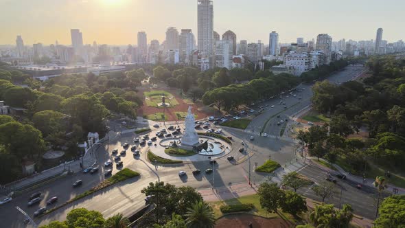 Buenos Aires aerial view overlooking Palermo park monument of the Spanish urban skyline at sunset