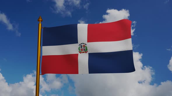 National flag of Dominican Republic waving with flagpole and blue sky timelaps