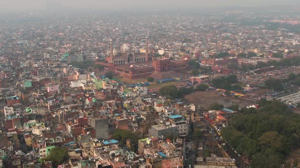 New Delhi, India, "Jama Masjid" mosque 4k aerial drone video