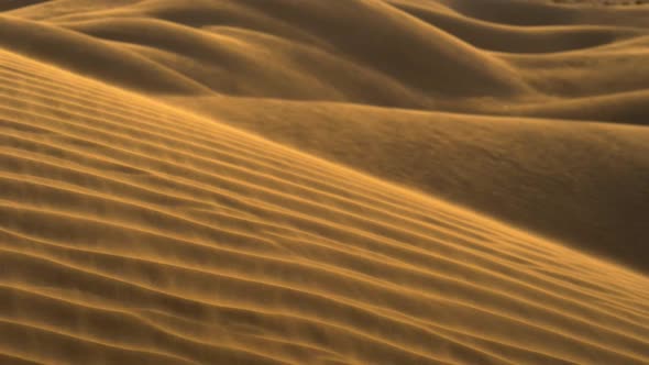 Golden Sand Waving in the Wind in Dunes of a Desert. Slow Motion Shot