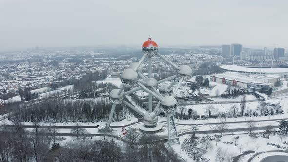 Aerial view of the Atomium in wintertime, Brussel, Belgium.