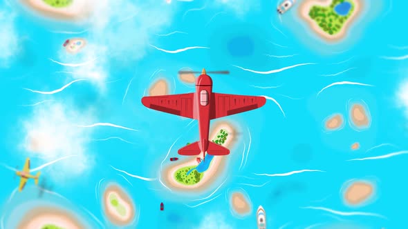Looped Tropical Travel Animation. Flying plane, Ocean and Islands.