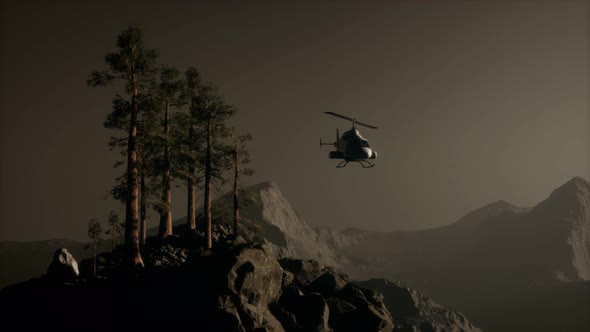 Extreme Slow Motion Flying Helicopter Near Mountain Forest