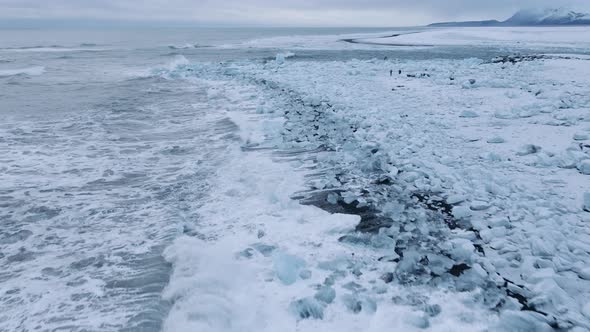 Drone Over Diamond Beach Coastline Near Glacier Lagoon of Iceland