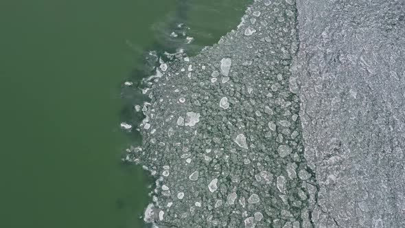 Aerial view of water and ice meeting in Utah Lake