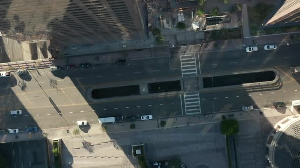 AERIAL: Slow Uplifting Birds Eye View Flight Over Downtown Los Angeles California Grand Avenue in