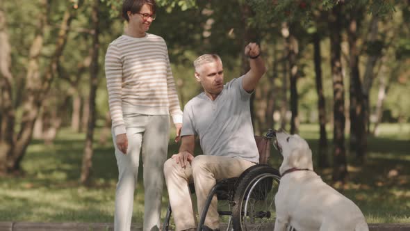 Man in Wheelchair with Wife and Their Dog in Park