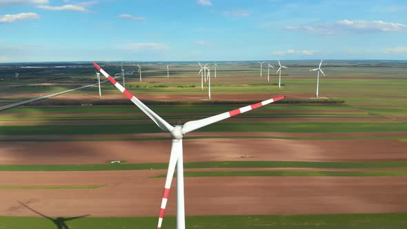 Aerial View of Wind Turbines Farm and Agricultural Fields. Austria.