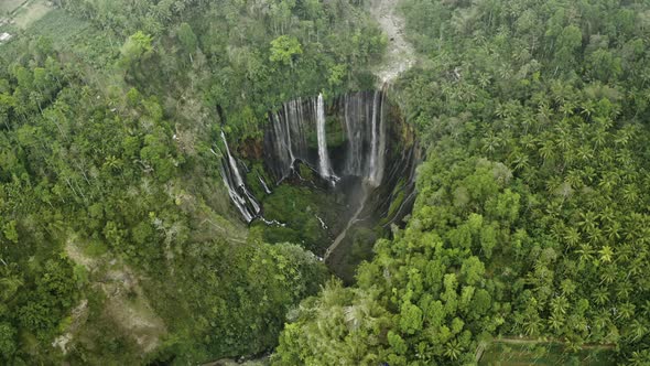 Drone Over Forest And Mist Of Tumpak Sewu Waterfalls