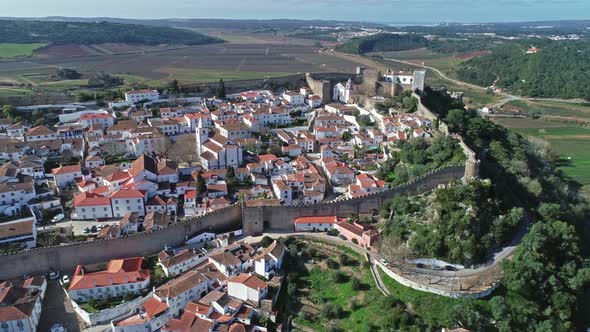 Aerial Around View of Medieval Town Obidos