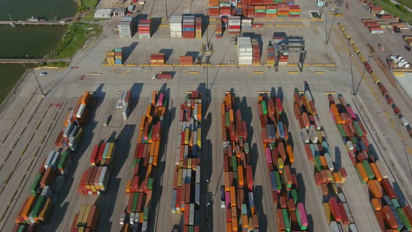 Aerial establishing shot of large shipping port in La Porte, Texas