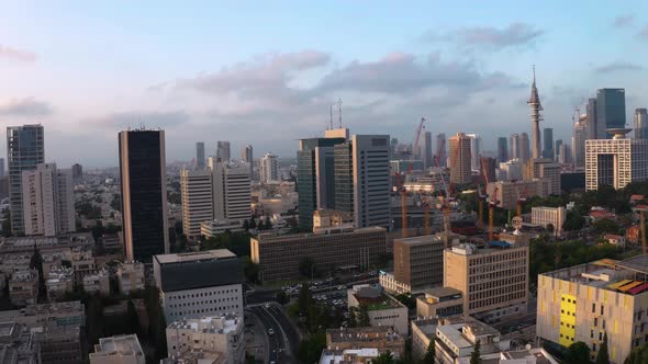 Business city center of Tel Aviv, Israel:  4k aerial drone skyline view