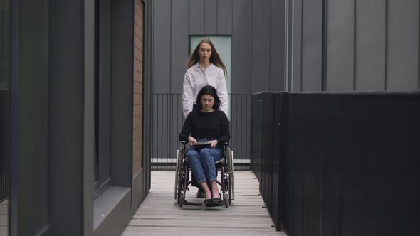 Wide Shot Portrait of Young Caucasian Woman Pushing Wheelchair with Disabled Colleague Outdoors