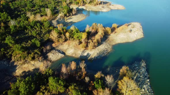 The lake of Saint-Cassien in septembre 2022 during the drought in France seen from the sky alt