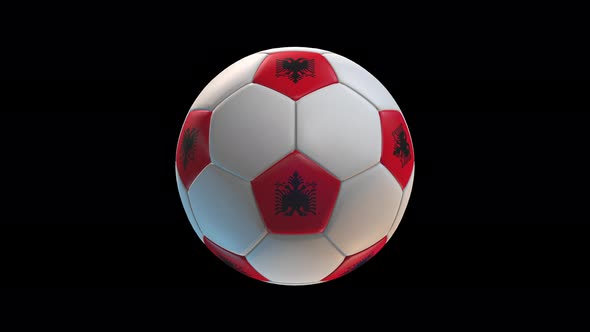 Soccer ball with flag Albania, on black background loop alpha alt