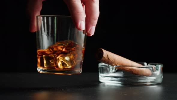 Brandy or Whiskey and Cigar Closeup