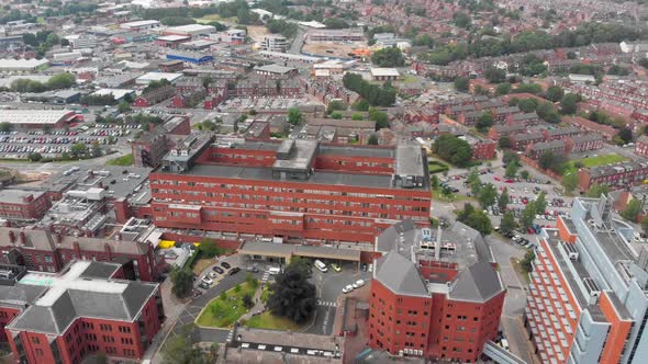 Aerial footage of the St. James's University Hospital in Leeds, West Yorkshire, England in the UK